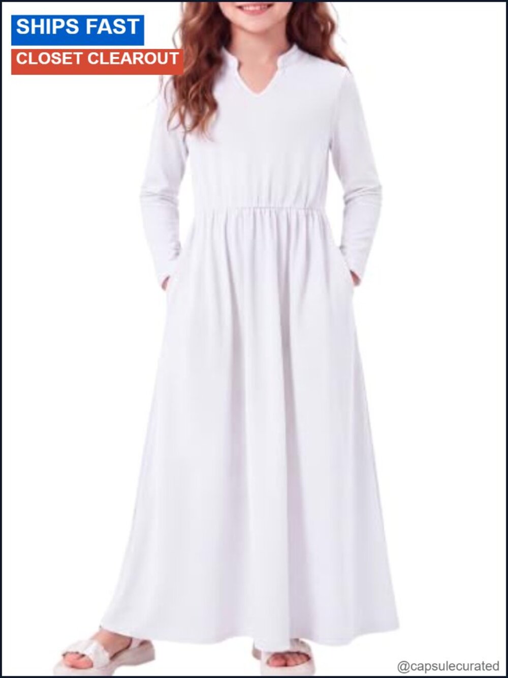 Girls Notch V Neck Long Sleeve Maxi Dress with Pockets A-Line
